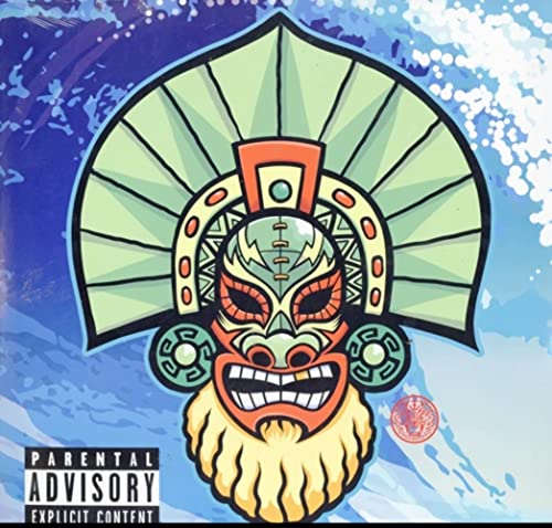 Vibrant illustration of a stylized mask with a feathered headdress on blue background.