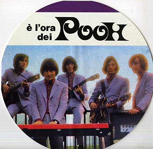 Round vinyl record cover featuring the Italian band Pooh, four men with guitars.