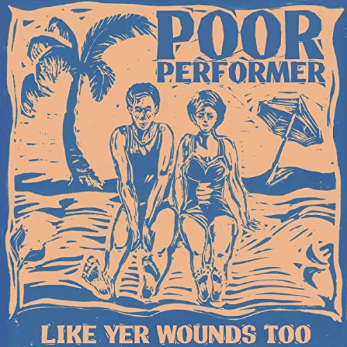 Woodcut-style album cover with a couple on a beach, palm tree.