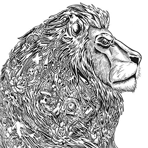 Intricate black and white illustration of a lion’s head with hidden details.