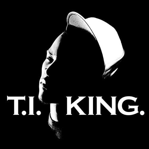 Black and white portrait of a man wearing a cap, with text "T.I. KING.