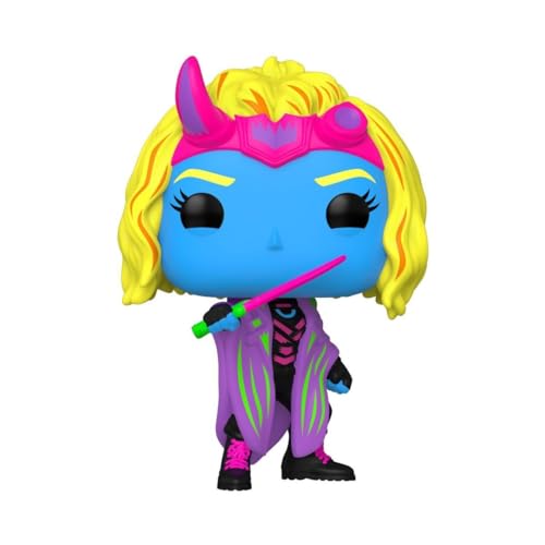Blue-skinned Sylvie Funko Pop figure with blonde hair and pink weapon.