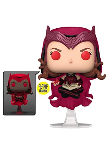 Funko Pop Scarlet Witch figure levitating while reading a book, with glow-in-the-dark effect shown.