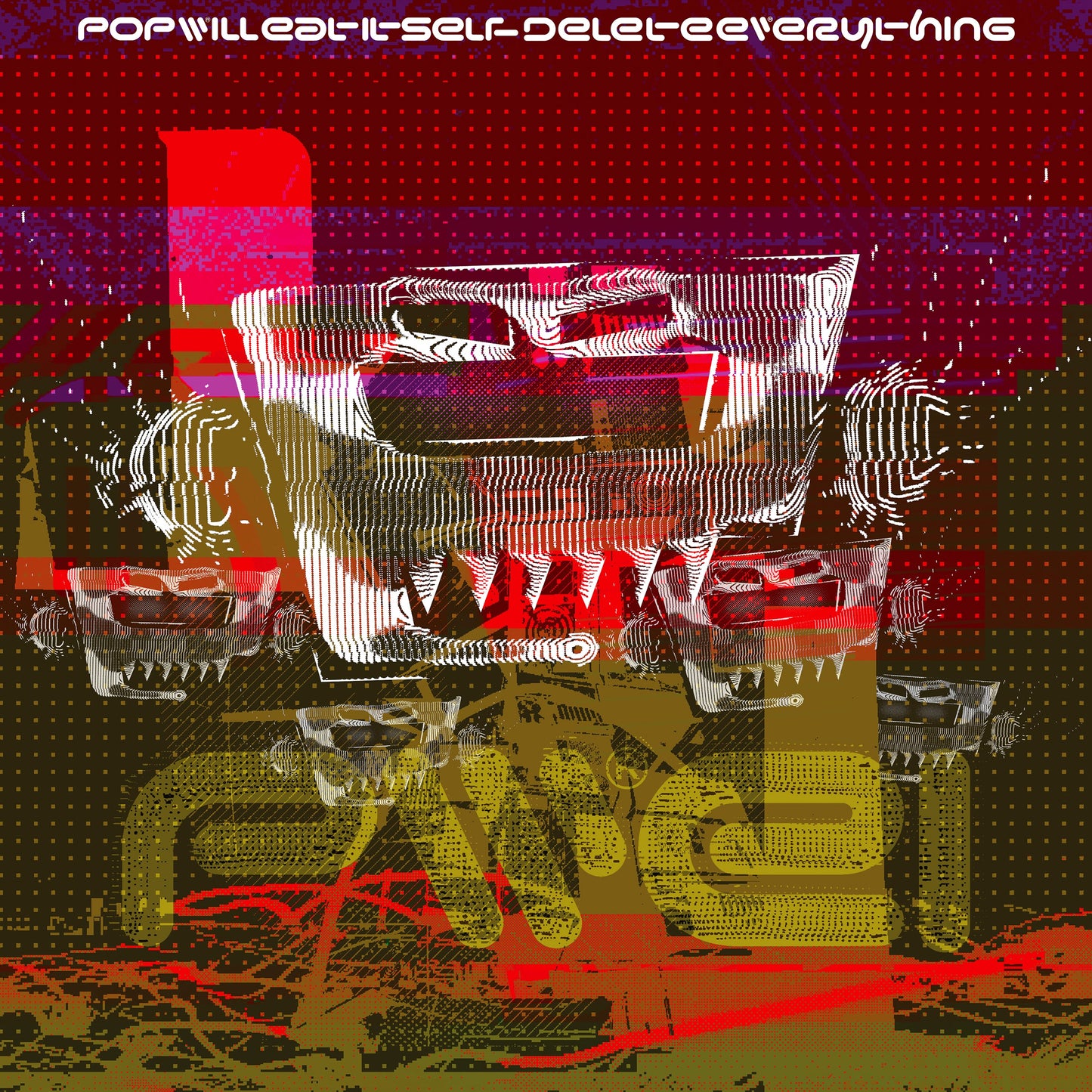 Abstract digital art with glitch effects, white jagged shapes, and red and brown background.