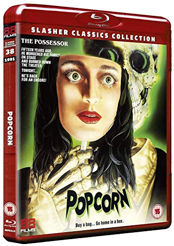 Blu-ray cover art for Popcorn featuring a woman holding a mask over a skeleton.