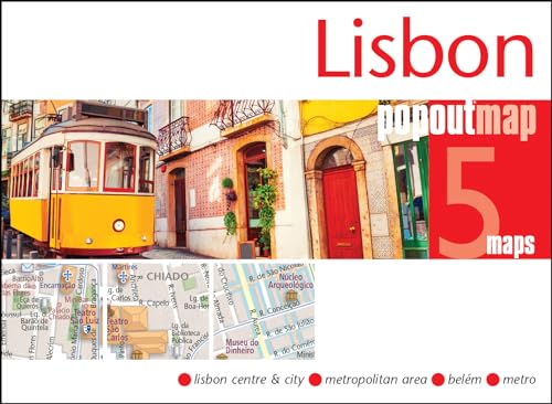 Yellow tram on a Lisbon street, with map sections below.