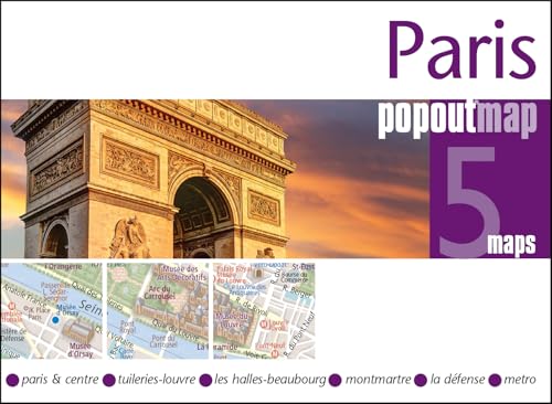 Paris PopOut Map cover featuring the Arc de Triomphe and five city map sections.