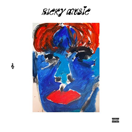 "Album cover with a blue face and red hair, 'Ricky Music' written above."