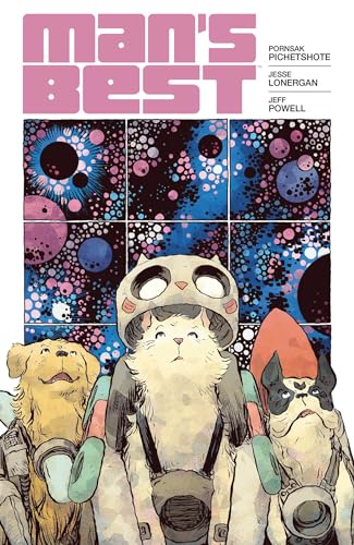Comic book cover featuring a cat and dogs in spacesuits, colorful background.