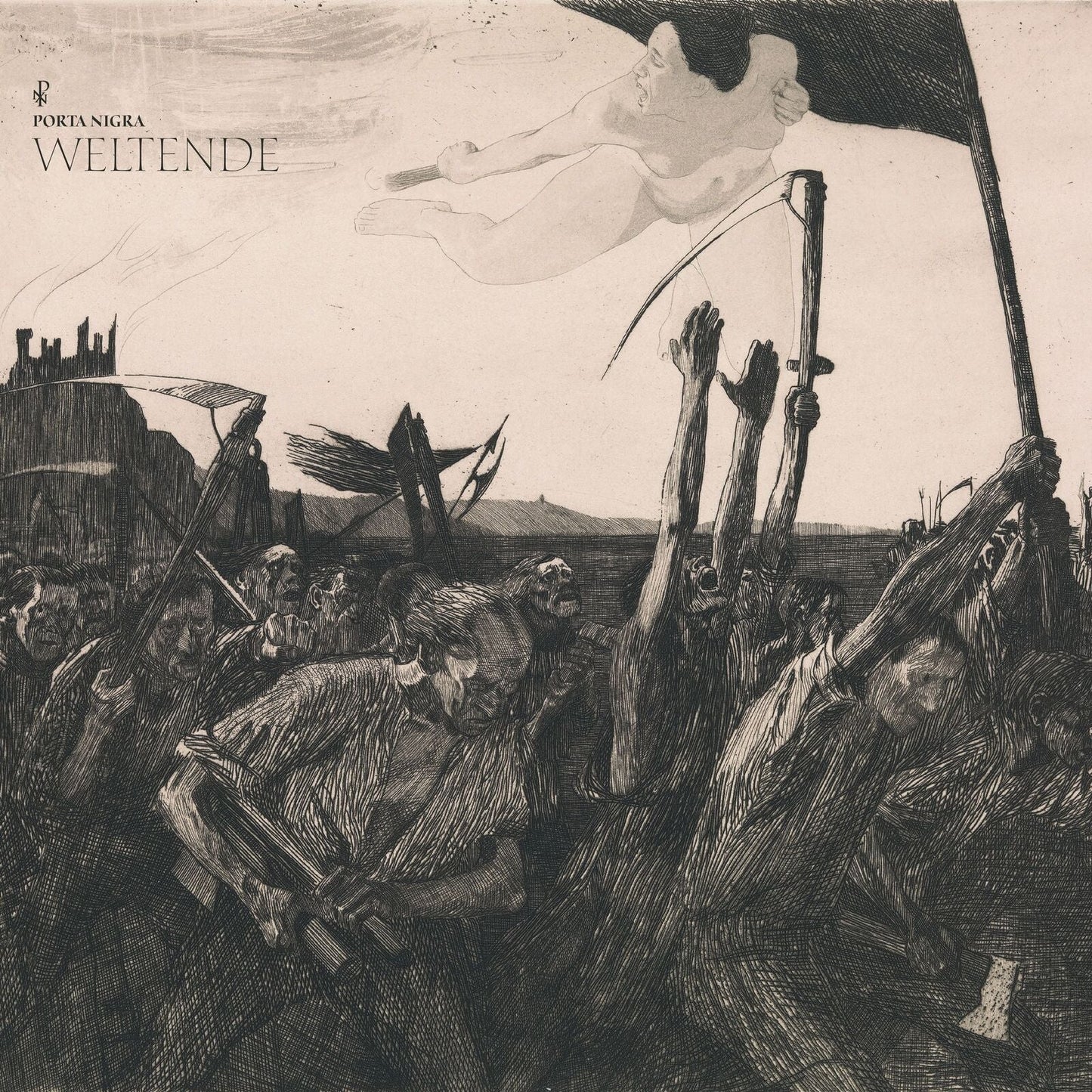 Dark, detailed illustration of figures reaching towards a skeletal form and city.