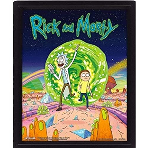 Framed Rick and Morty print depicting Rick entering a green portal with Morty.