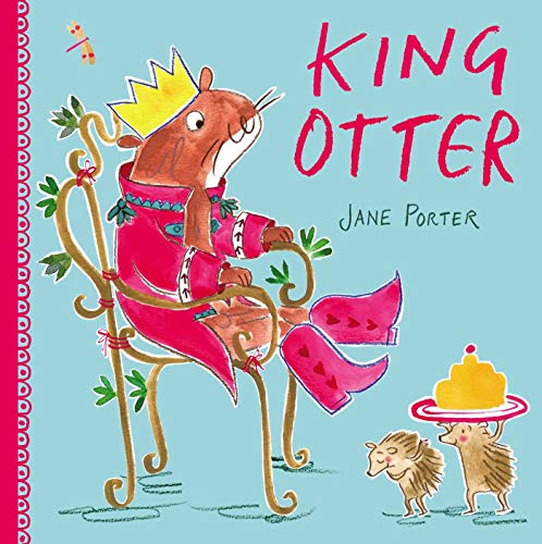 Illustration of an otter wearing a crown, sitting on a chair with hedgehogs.