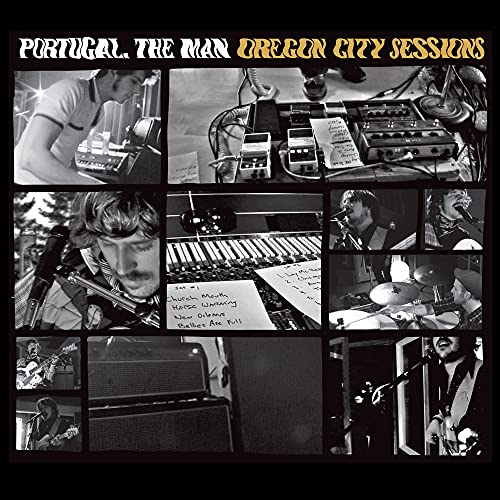 Black and white collage of musicians performing with equipment on a black background.