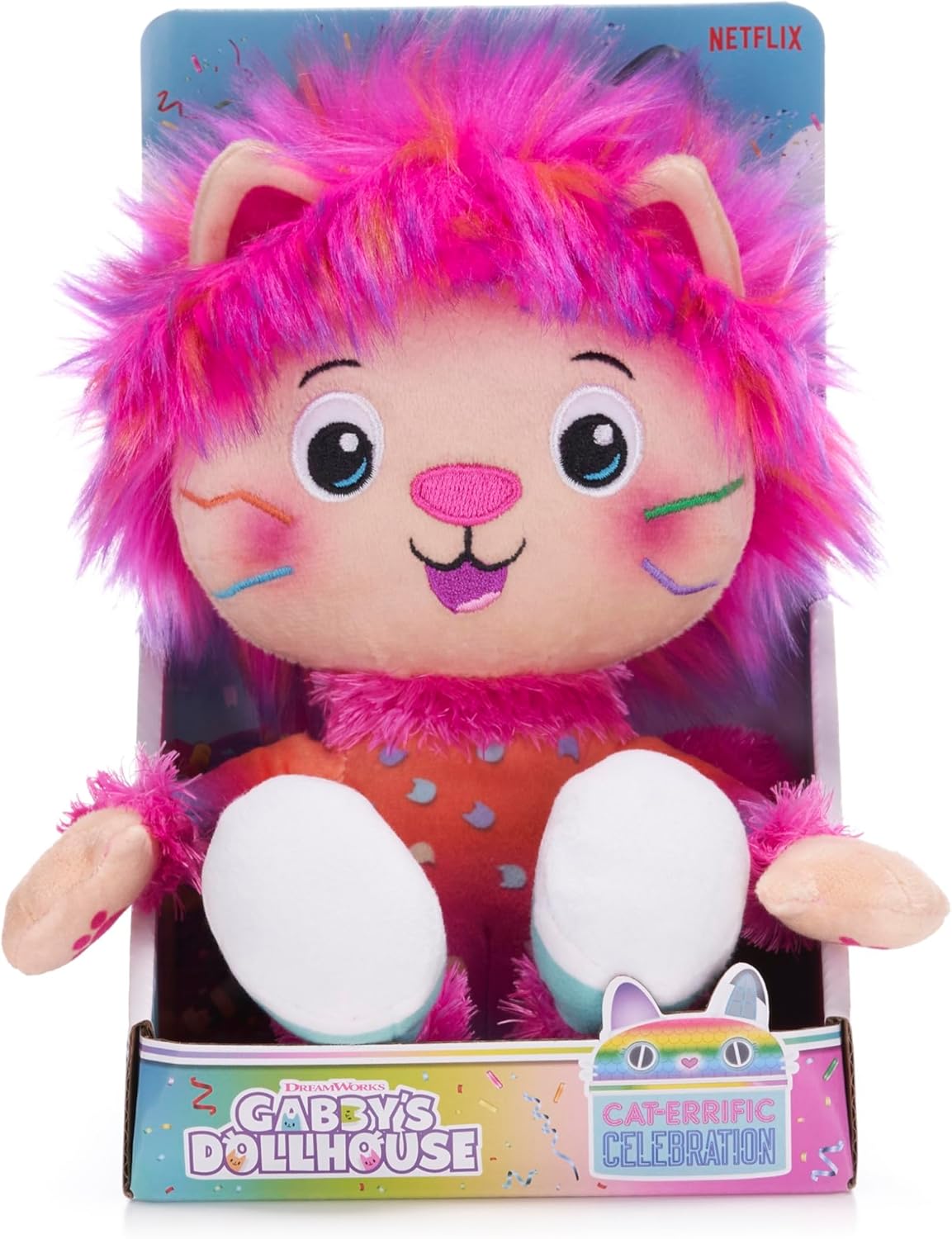 Marty the Party Cat plush toy with pink shaggy hair in its retail box.