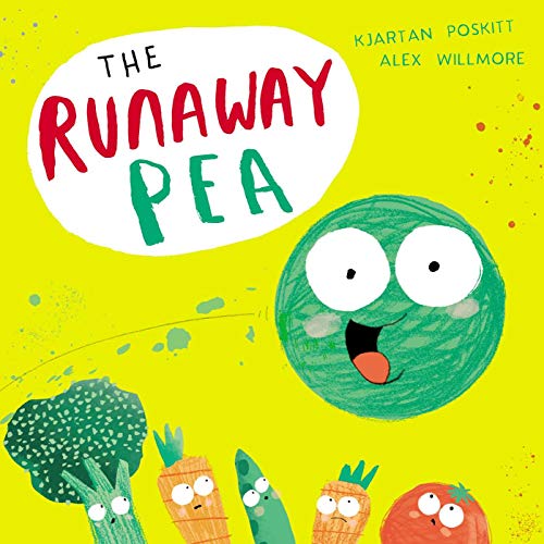 A green, smiling pea character on a yellow background with other illustrated vegetables.
