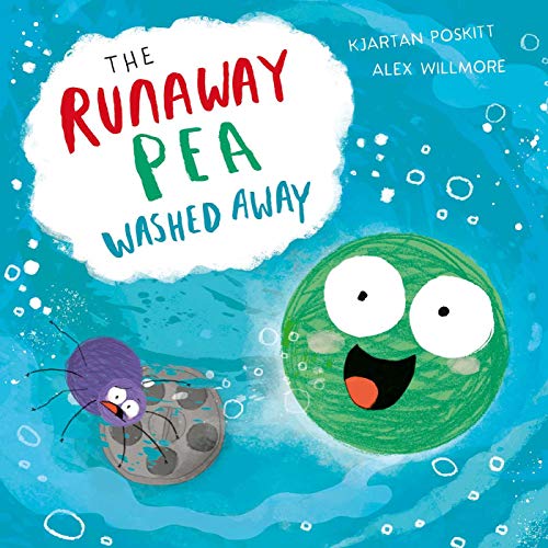 A green pea character and a purple spider near a drain in blue water.