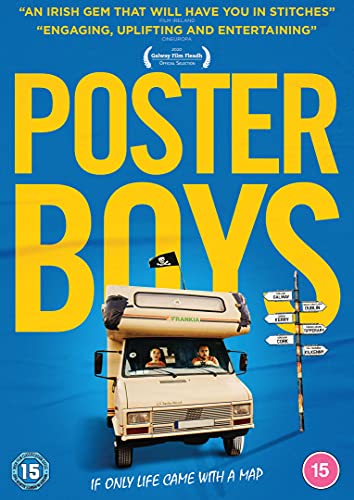 Movie poster with a white van and two men on a blue background.