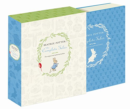 "Blue and white box set of Beatrix Potter books with Peter Rabbit illustration."