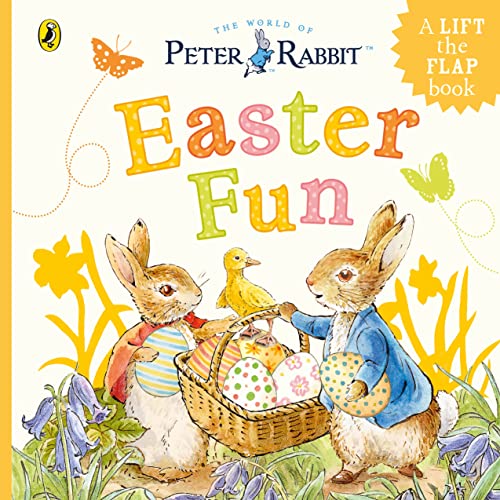 Peter Rabbit and a chick with a basket of decorated Easter eggs.