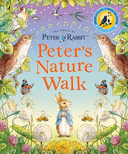 Peter Rabbit sound book cover with birds, insects, and flowers.