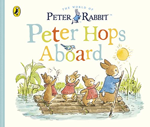 Peter Rabbit and friends float on a raft in watercolor style.