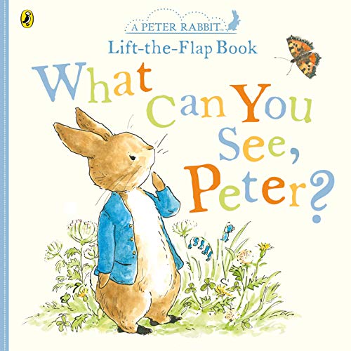 Peter Rabbit lift-the-flap book cover with colorful text and illustrations.