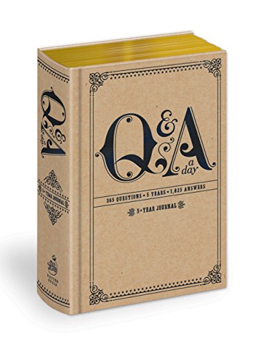 Tan journal with ornate frame and yellow-edged pages, titled "Q&A a Day".