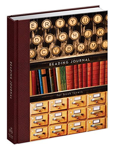 Reading journal with typewriter keys, books, and library card catalog imagery.