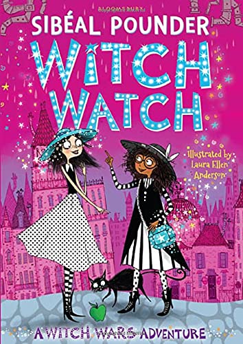Book cover: two young witches with a black cat, castle background.