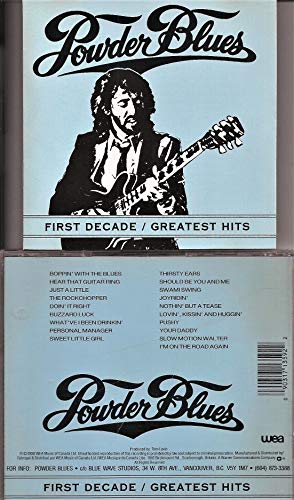 CD case for Powder Bluesā āFirst Decade / Greatest Hitsā album, featuring a musician.