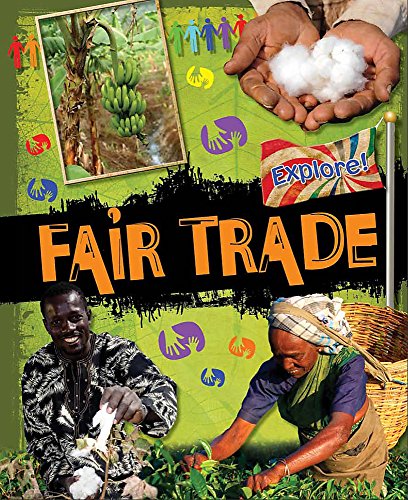 Book cover depicting fair trade practices: bananas, cotton, and farmers.