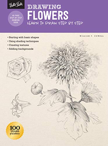 Book cover titled Drawing Flowers featuring pencil sketches of various flowers on a textured background.