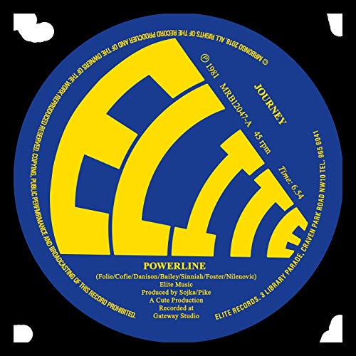 Blue vinyl record label with yellow text and logo on a black background.