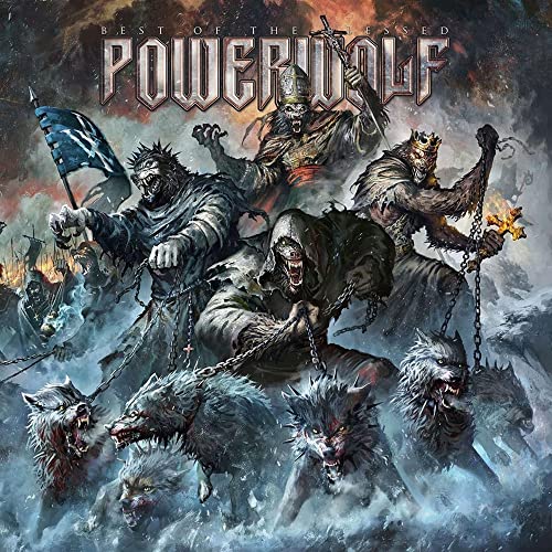 Powerwolf album cover with armored figures, wolves, and a blue flag.