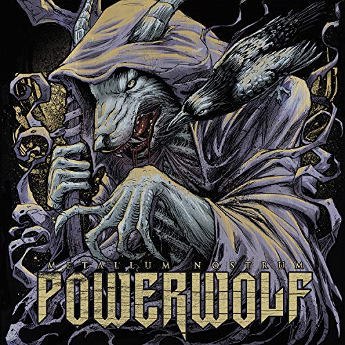 A hooded wolf-like creature with a raven on its shoulder, holding a staff.