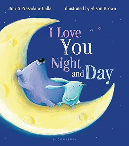 A purple bear and blue rabbit sit on a yellow crescent moon against stars.
