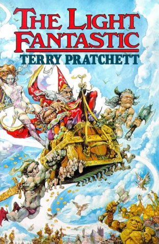 Book cover: fantasy figures riding a mechanical contraption through clouds.