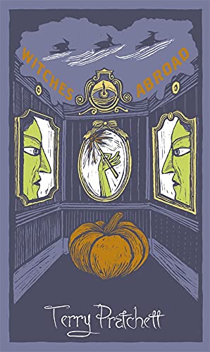 Book cover for "Witches Abroad" with illustrated frames, pumpkin, and text.