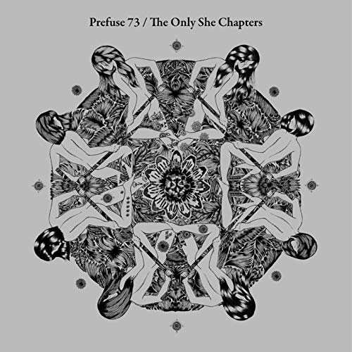 Black and white album cover with repeating figures in a floral pattern.