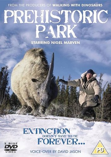 DVD cover: woolly rhino and man in snowy landscape.