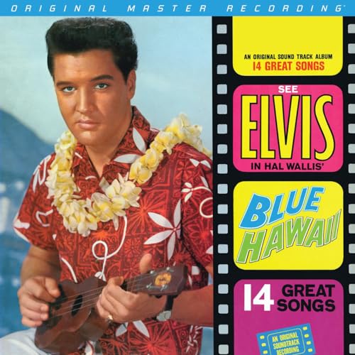 Elvis Presley in Hawaiian shirt with ukulele, album cover for "Blue Hawaii.