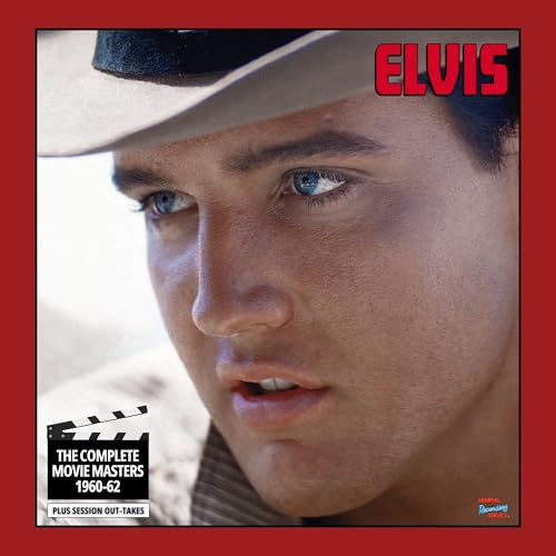 Close-up of Elvis Presley in a white cowboy hat, with filmstrip detail.