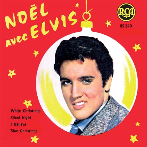 Elvis Presley’s face inside a Christmas ornament on a red cover.
