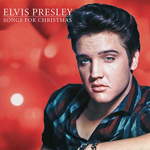 Elvis Presley album cover, red background with snowy effect, portrait.