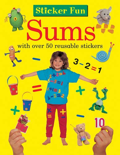 Sticker Fun - Sums" book cover with a child and colorful math stickers.