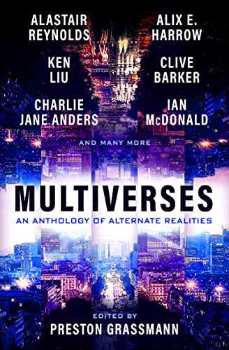 Book cover for "Multiverses," an anthology with a city skyline image.
