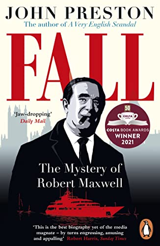 Book cover: “Fall” biography of Robert Maxwell with portrait and yacht.
