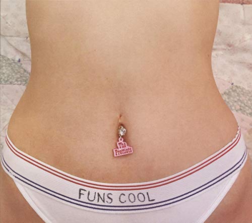 Belly piercing with a pink charm reading "The Prettiots - Funs Cool".