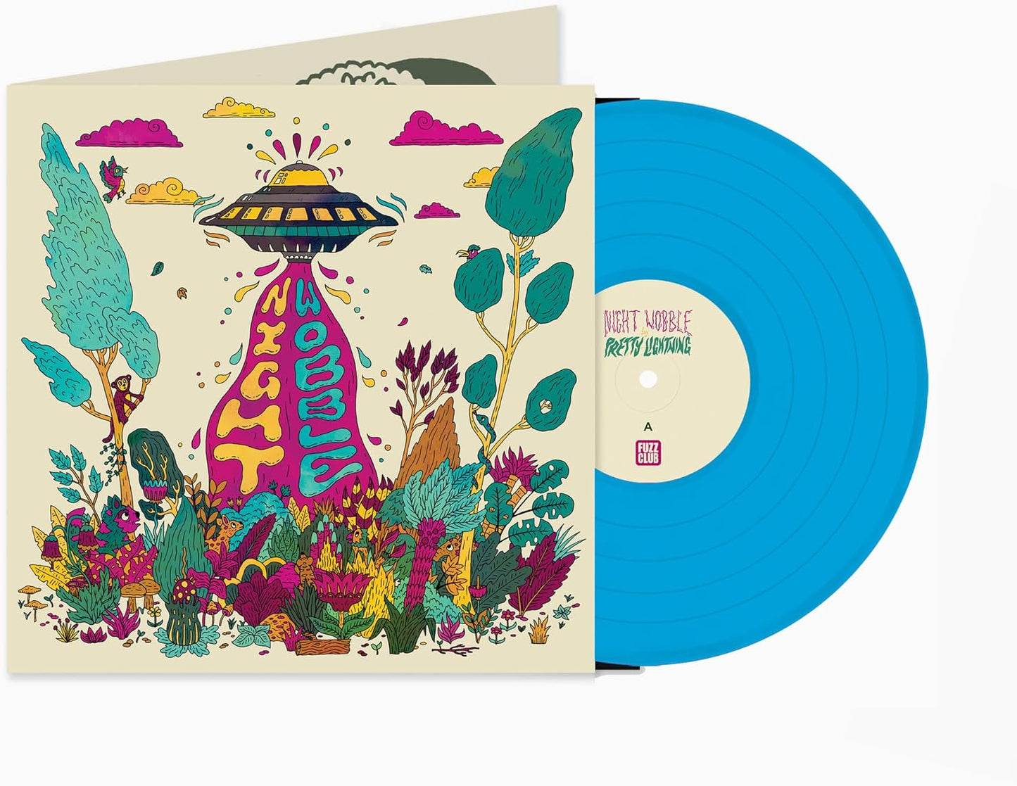 Illustrated album cover featuring a UFO over a jungle, beside a bright blue vinyl.