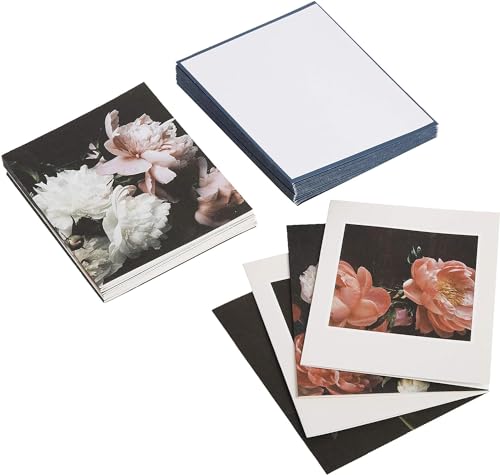 Stack of notecards with floral peony paintings and white envelopes.